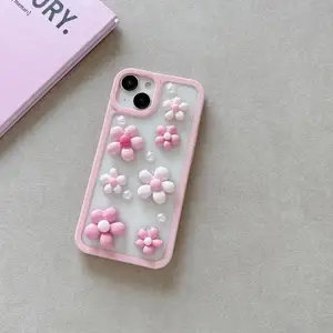 아이폰 15 프로 케이스에 대한 INS 한국 반짝이 핑크 꽃 에폭시 전화 케이스