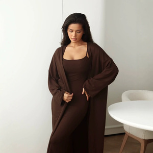 Conjunto de Vestido Largo Tipo Cárdigan de Color Sólido para Mujer, Tallas SMLXLXXL, Negro, Gris, Marrón Oscuro, Rosa, Amarillo, Estilo Casual Europeo y Americano - Product Image 3