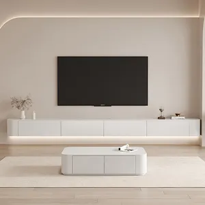 خزانة حديثة بسيطة من الخشب الصلب لغرف المعيشة خزانة تلفاز بيضاء متعددة الاستعمالات مزودة بمصابيح ليد