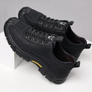 Chaussures en cuir décontractées à lacets pour hommes, bout rond, semelle extérieure en caoutchouc antidérapante, pour l'automne, usage extérieur, couleur unie, décoration à rayures - Product Image 3