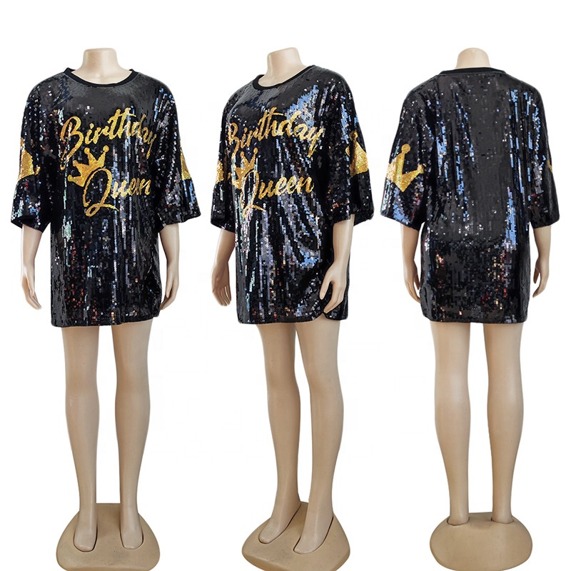 Women's Sequin T Shirt Dress - Its My Birthday with Gold Crown