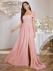 الموضة قبالة الكتف حزام واحد مكشكش الخصر أنيقة شيفون ماكسي تقسيم الفخذ عارية الظهر فستان وصيفة الشرف مع ارتفاع الخصر - Product Image 3