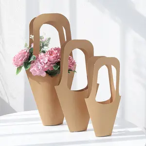 Cajas Para Flores çevre dostu kore çiçekçi taşınabilir çiçek Kraft kulplu çanta hediye paketi