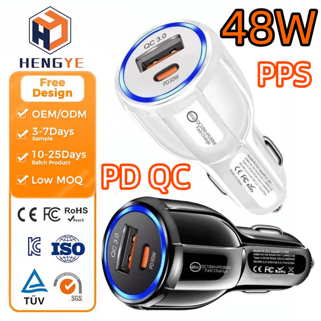 48 w Travel Adapters Car Phone Charger Fast Charging 18w QC3.0 30w Type c 48w Car Charger 12v/24v Dual Usb Car Charger Pd Bulk