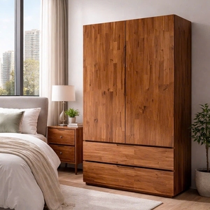 SINTERIOR 2 DOOR WARDROBE SOLID ACACIA WOOD MODULAR STORAGE CABINET NATURAL WOODEN ARMOIRE BEDROOM FURNITURE ORGANISER <b>CUPBOARD</b> - Product Image 1