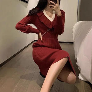 Abito rosso lavorato a maglia di media lunghezza da <span class=keywords><strong>donna</strong></span> <span class=keywords><strong>per</strong></span> <span class=keywords><strong>Capodanno</strong></span>, riunioni annuali, fidanzamenti e occasioni speciali - Collezione Autunno/Inverno - Product Image 4