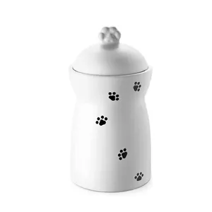 Airtight White Kitchen Coffee Pasta Tea Spices Canister Ceramic Cookie Jar 51 FL OZ Dog Pet Treat Jar with Pet Paw Handle Lid