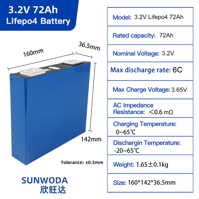 SUNWODA 72Ah LFP Lifepo4 Battery Cell 3.2V Deep 3000 Cycle Rechargeable Battery Energy Strong Power Battery Cell