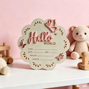 Plaque <span class=keywords><strong>de</strong></span> bienvenue personnalisée en <span class=keywords><strong>bois</strong></span> gravé, carte <span class=keywords><strong>de</strong></span> jalons <span class=keywords><strong>de</strong></span> développement pour bébé, panneau d'annonce <span class=keywords><strong>de</strong></span> naissance « Hello World » - Product Image 4