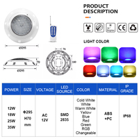 Lampe de piscine murale étanche IP68 ABS 12V 35W avec télécommande, changement de couleur RGB, lumière LED sous-marine pour piscine