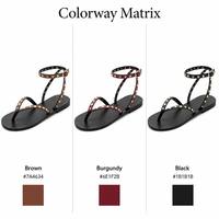 Sandales plates à clous pour femmes, tendance, pour sorties, soirées romantiques, à bout ouvert, en similicuir souple, dessus en PU, style rétro, chaussures d'été, OEM