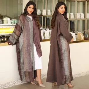 2024 modest fashion linen open abaya dubai wholesales brown linen patched oversized abaya comes with a headscarf.