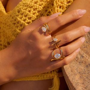 Women's 18K Gold <b>Plate</b> Stainless Steel <b>Rings</b> Modern Minimalist Lines Double-layer Hollow Geometric Large Zircon Open Gift - Product Image 4