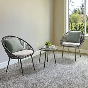 Ensemble bistro extérieur 3 pièces, ensemble de patio de conversation en corde tissée avec coussins pour jardin, terrasse, arrière-cour, balcon, porche - Product Image 3