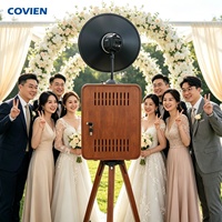 Machine photomaton en bois en libre-service avec support pour appareil photo reflex numérique, écran tactile, anneau lumineux LED et support d'imprimante pour location événementielle