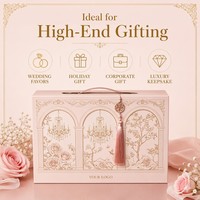 Boîte cadeau de luxe rose personnalisée avec logo, en carton rigide, avec poignée, motif chandelier antique et pompon, vente en gros