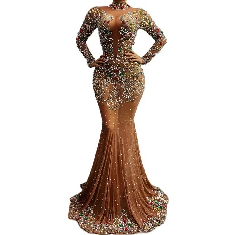 Thanh Lịch Xem Thông Qua Lưới Pha Lê Rhinestone Bóng Áo Cho Phụ Nữ Trang Phục Chính Thức Wedding Party Dài Ăn Mặc Sexy Mermaid Evening Dresses