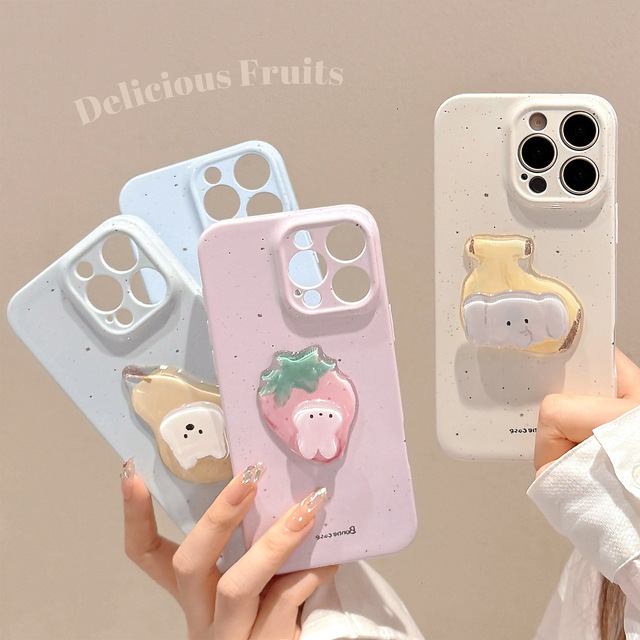 Rotating Cartoon Three-Dimensional Animal Fruit Shockproof Painted Case Phone Grip for for 14 Pro Max Film Full-Cover
