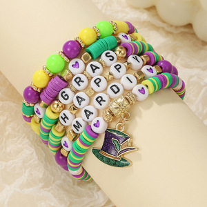 Mardi Gras Bracelet <b>Set</b> Polymer <b>Clay</b> Letter Beads Multi Layered Colorful Jewelry Gift Unisex Party Accessory - Product Image 3