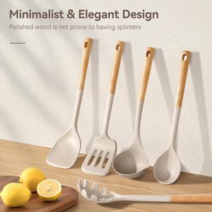 Ensemble d'ustensiles de cuisine en silicone antiadhésif 6 pièces, résistant à la chaleur, avec manche en bois - Product Image 4