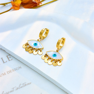 European American Fashion Blue Eye Drop Earrings Gold Tassel Geometric Party Jewelry Stainless Steel Ear Hoops - Product Image 2