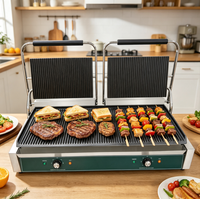 Grill de contact commercial 1800W avec plaques rainurées antiadhésives et température réglable pour café, charcuterie, food truck, préparation de sandwichs petit-déjeuner