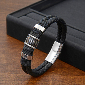 अच्छी गुणवत्ता के चमड़े Wristband कस्टम नाम स्टेनलेस स्टील कंगन काले चमड़े के लिए मुड़ लट में चमड़े के कंगन पुरुषों - Product Image 3