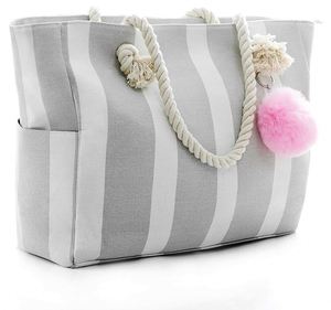 <b>Large</b> Canvas Shoulder <b>Bag</b> - <b>Beach</b> Tote With Cotton Rope Handles and Cute Pompom - Product Image 1