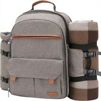 Sac à dos de pique-nique pour 4 personnes avec couverture, glacière isotherme et pochette à vin (matériau PE 5x11x14 pouces 6,59 lb) (Beige poudré)