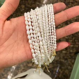 Korean silver 95 elegant white natural freshwater rice pearl necklace for women baroque pearl bead necklace for men and women