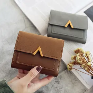 Dompet pendek kulit PU portabel, dompet portabel, tempat kartu V, dompet desainer, dompet pendek, Splicing kulit PU