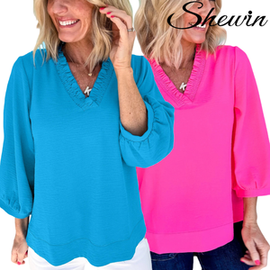 Blus Rajut Solid Shewin 2025 Musim Gugur Musim Dingin, Bernapas, Lengan Panjang, Kerah V, Lengan Model Gelang, Kerut, untuk Wanita Kasual - Product Image 1