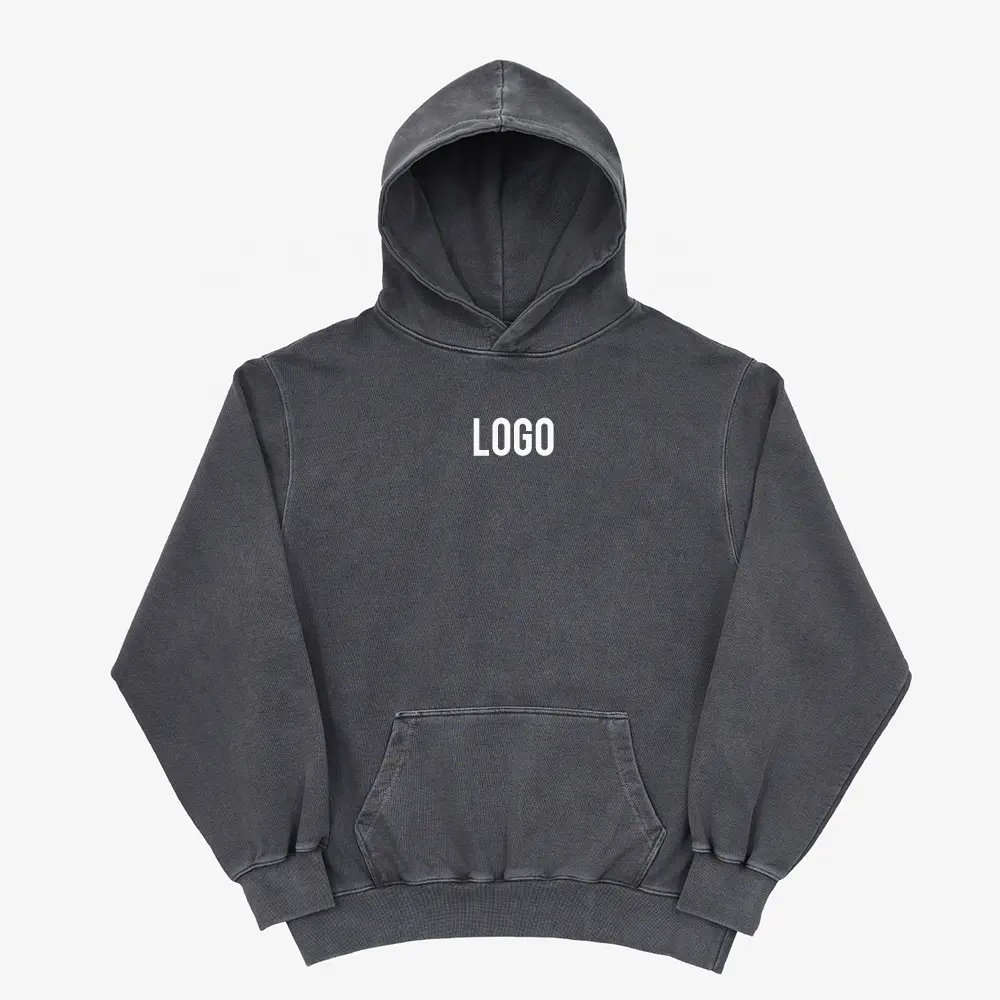 100% Algodão 400 GSM Peso Pesado Angustiado Preto Ácido Lavado Hoodie Em Branco Mens Pullover Vintage Inverno Hoodies