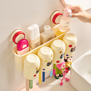 Suction Cup <b>Toothbrush</b> <b>Holder</b> Wall Mounted 4 Cups Plastic Bathroom Organizer With Toothpaste And Mouthwash Storage - Product Image 4