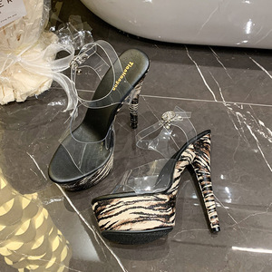 Sandalias de tacón alto de 15 cm con plataforma impermeable, diseño de leopardo y rayas, estilo sexy con correa en T, ideales para pasarela y baile en tubo. - Product Image 2