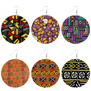 Customized Designs African Jamaican Earrings for Women Hawaii Jewelry Printed Geometrical Pattern Wooden Fashion Opp Bag Alloy