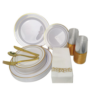 Juego de 175 Platos de Plástico <span class=keywords><strong>Duro</strong></span> PS con Doble Borde Dorado, <span class=keywords><strong>Vajilla</strong></span> Duradera para Fiestas, Eventos y Bodas de Comercio Exterior - Product Image 4