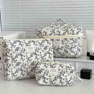 Custom Logo French Quilted Floral Cosmetic Bag Travel Storage Toiletry Bag Large Capacity <b>Makeup</b> Organizer Pouch for Women - Product Image 1