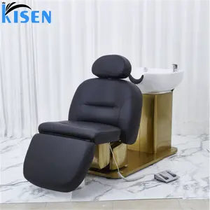 Kisen 2025 Neues Design Bestseller Friseursalon-Möbel Elektrischer Schwarzer Leder-Shampoo-Stuhl <span class=keywords><strong>Massage</strong></span>-SPA-Liege mit Goldbasis - Product Image 1