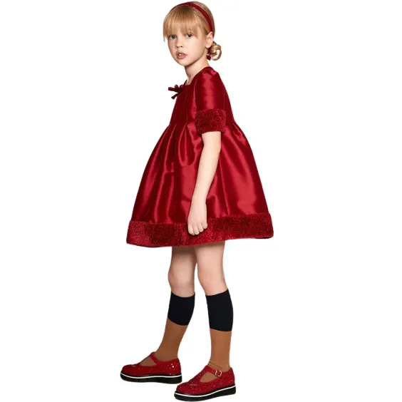 Guangzhou Oem Baby Girl Dresses Luxury With Pleated Bodice Red Stylish Satin Christmas Kids Dresses For Girls With Fur Trim