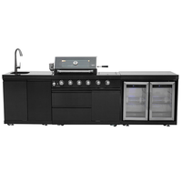 LUOQI Îlot de cuisine extérieur moderne en acier inoxydable avec barbecue à gaz 6 brûleurs, évier pliable GPL, réfrigérateur à boissons en fer, couleur argent