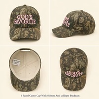 Casquette de baseball camouflage OEM ODM, broderie rose en relief GODS FAVORITE, casquette de pêcheur 6 panneaux en coton, petit MOQ, BSCI, Barudan, DDP, expédition rapide
