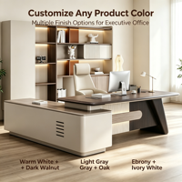 Ensemble de bureau exécutif en forme de L convertible contemporain personnalisé avec bibliothèque murale durable, éclairage LED, plateau en PVC