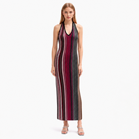 Robe maxi en tricot rayée multicolore bordeaux sur mesure pour femmes, col halter, sans manches, OEM ODM