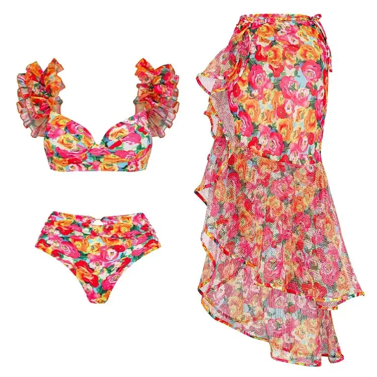 1 Set Women Printed Strap Backless Vintage Retro Pool Wearing Polyester Lady Beach Monokini with Long Dress Surf Clothes