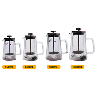 Vente en gros 350ml 650ml 1000ml Cafetière à pression française en verre borosilicaté à double paroi