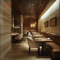 Meubles de restaurant de café classique, table ronde brune, chaises à assise pâle et ensemble de canapé en tissu incurvé pour la salle à manger