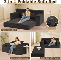 COSTFULL Sofá Cama Seccional Moderno 3 en 1 Plegable y Convertible de Pana Negra, Conjunto de Sofás Comprimidos, Muebles para el Hogar, Modular para Escuela
