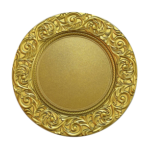 Piatti di ricarica da tavolo in plastica oro rosa da 13 pollici Vintage elegante sotto il piatto con bordo di fiori retrò lucido per matrimonio - Product Image 4