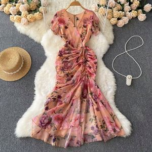 Vestido Maxi de Verano con Cuello en V, Manga Corta, Estampado, Estilo Trompeta/Sirena, Tejido Ecológico, Cintura Imperio, Retro, Casual, para Fiesta - Product Image 2